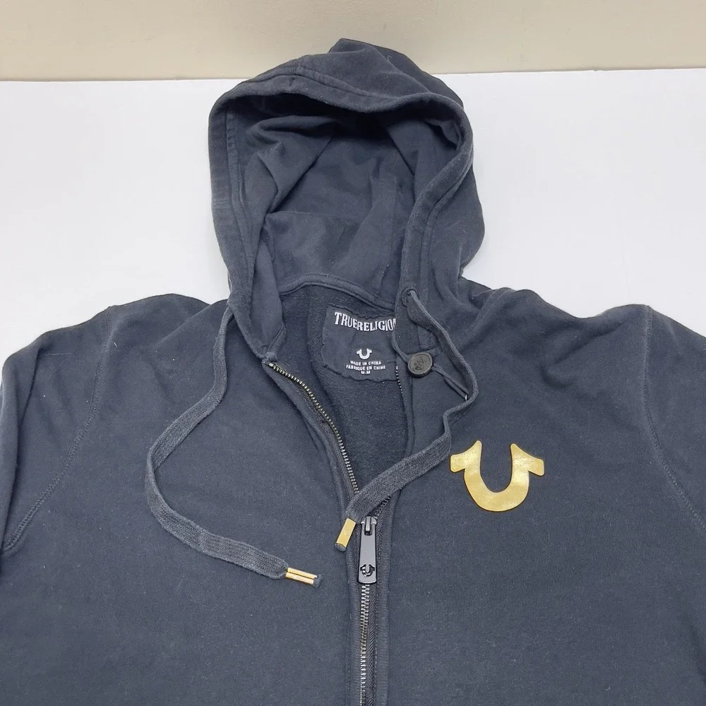 True Religion‎ Jacket Hoodie Men Medium Black Metallic Gold Double Puff Full Zip
